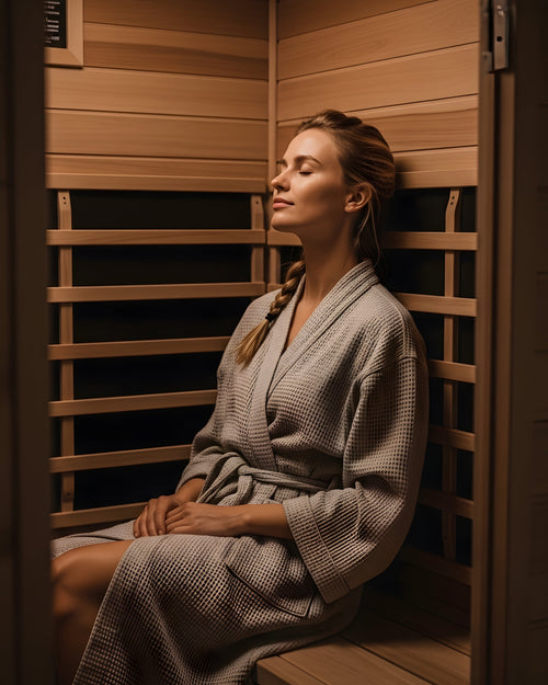 Woman in a robe sitting in a wooden sauna